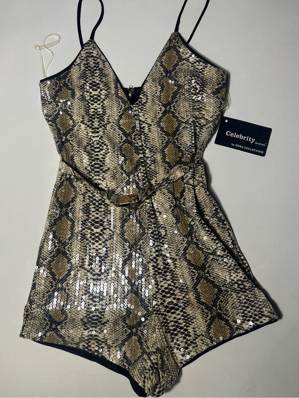Hera Collection Snake-Print Sequin Romper in Brown & Black